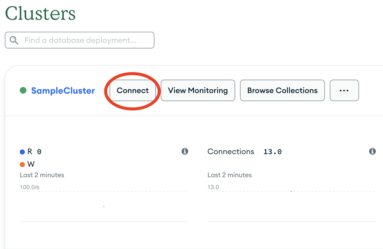 The connect button in the clusters section of the Atlas UI