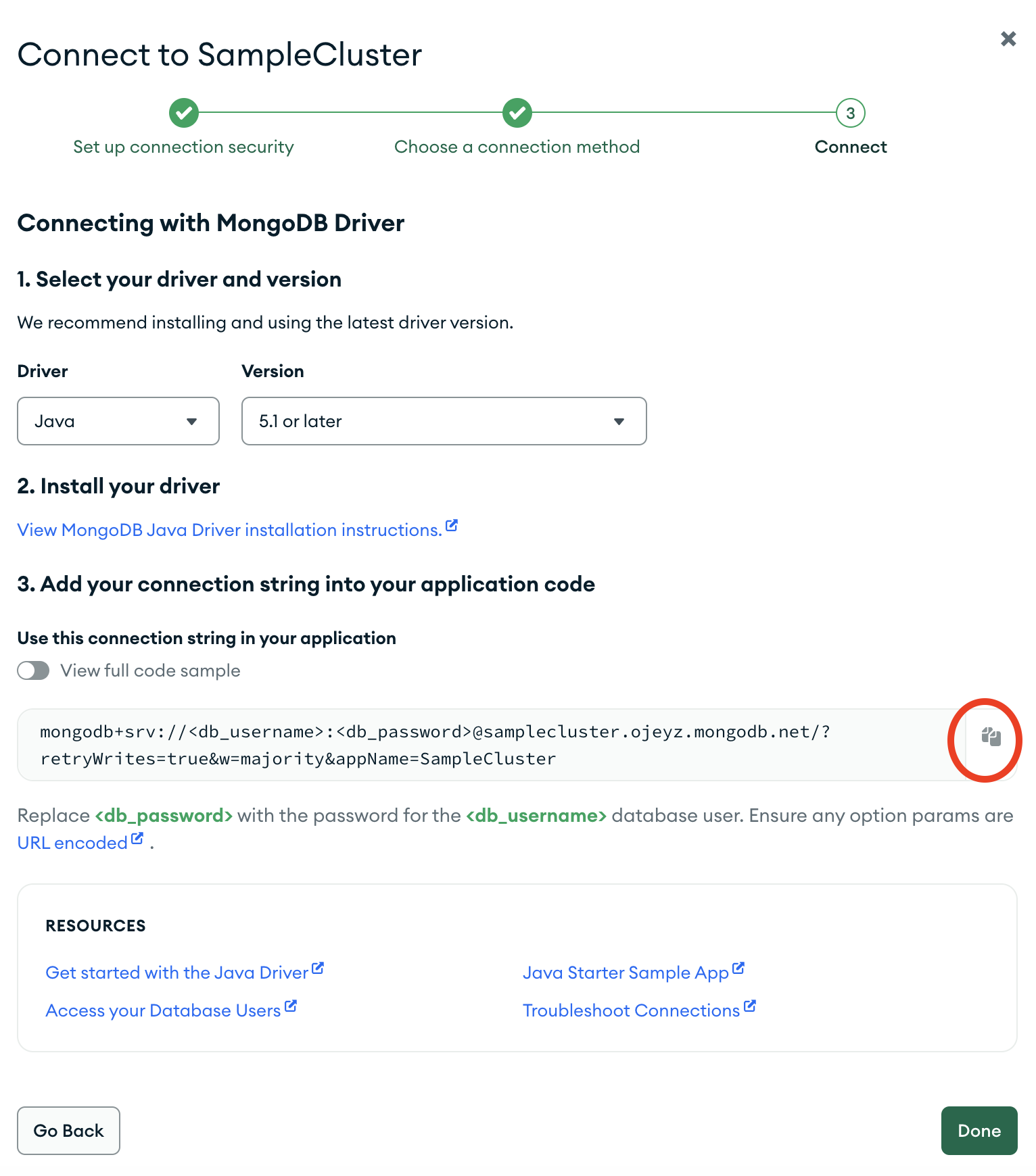 The connection string copy button in the Atlas UI